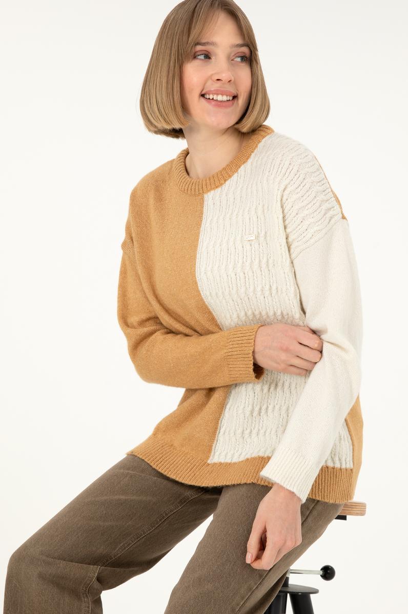 Kadın Camel Melanj Bisiklet Yaka Kazak