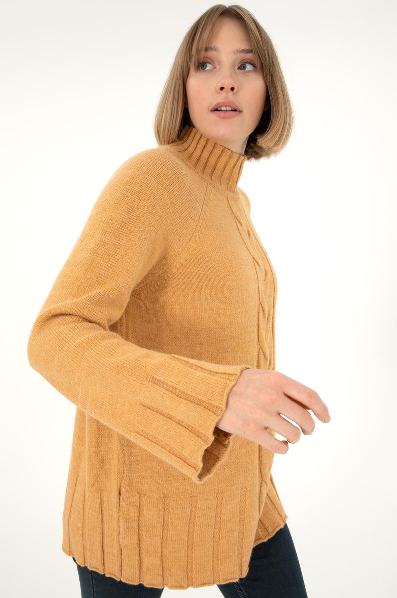 Kadın Camel Melanj Balıkçı Yaka Kazak