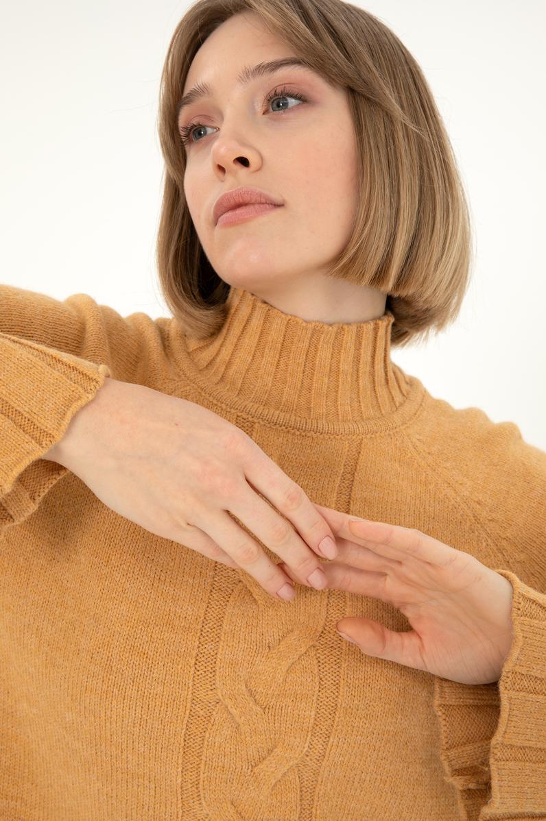 Kadın Camel Melanj Balıkçı Yaka Kazak