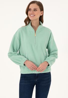 Kadın Su Yeşili Dik Yaka Fermuarlı Polar Sweatshirt - 50297401005