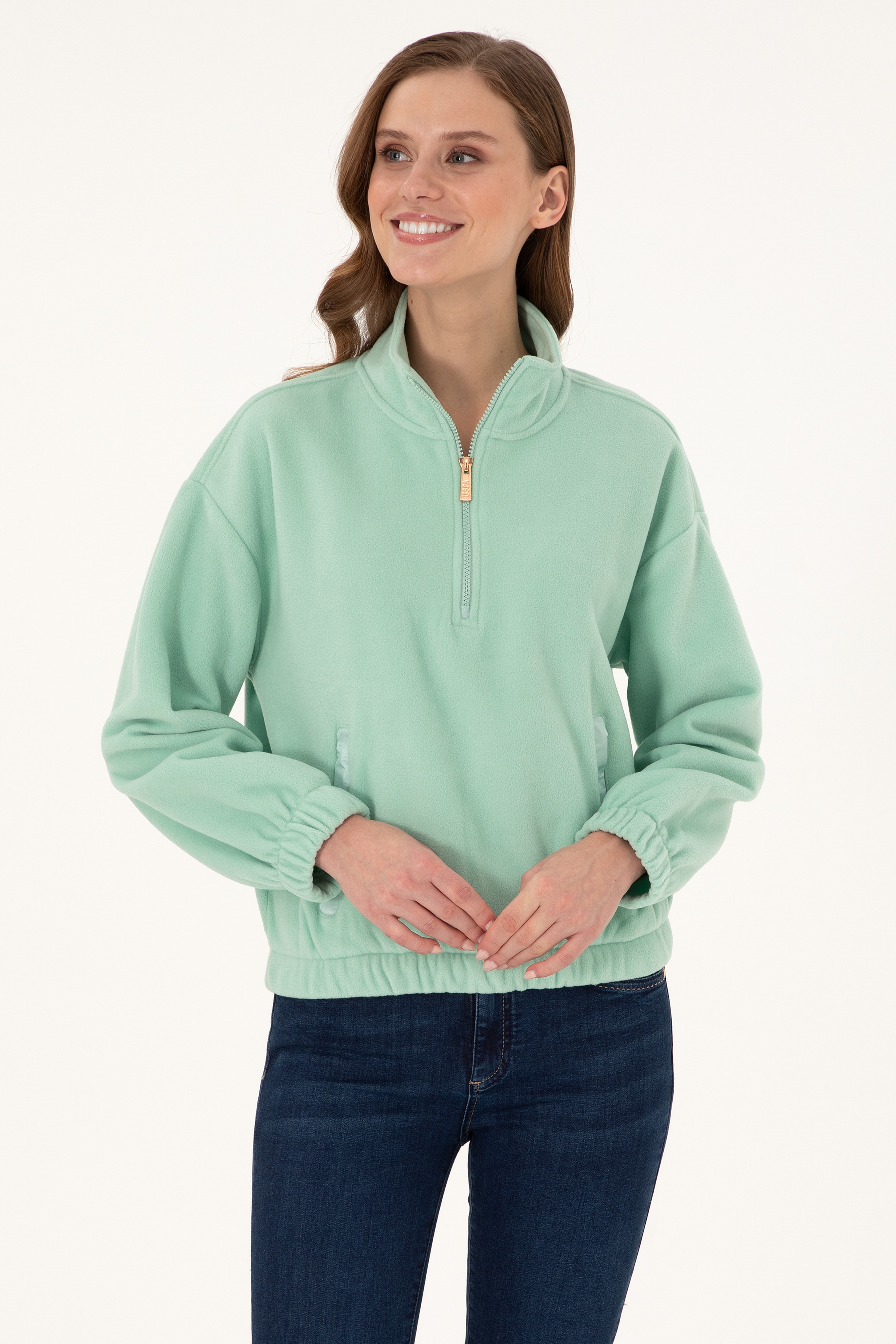 Kadın Su Yeşili Dik Yaka Fermuarlı Polar Sweatshirt