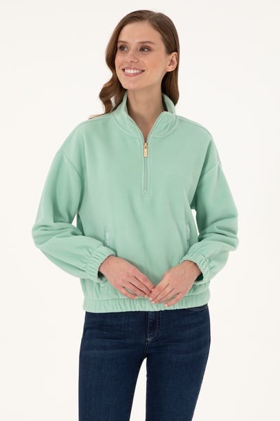 Kadın Su Yeşili Dik Yaka Fermuarlı Polar Sweatshirt