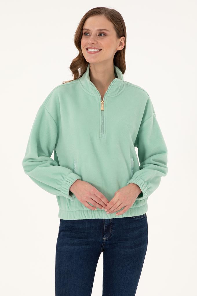 Kadın Su Yeşili Dik Yaka Fermuarlı Polar Sweatshirt