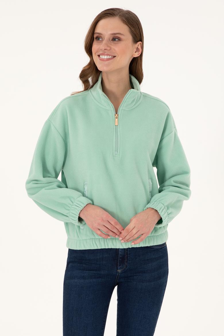Kadın Su Yeşili Dik Yaka Fermuarlı Polar Sweatshirt