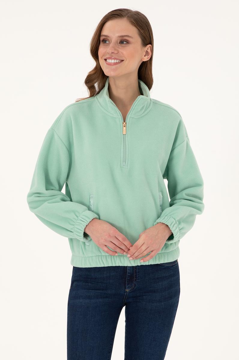 Kadın Su Yeşili Dik Yaka Fermuarlı Polar Sweatshirt