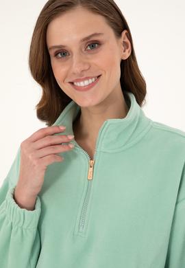 Kadın Su Yeşili Dik Yaka Fermuarlı Polar Sweatshirt - 50297401005