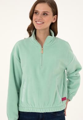 Kadın Su Yeşili Dik Yaka Fermuarlı Polar Sweatshirt - 50297401005
