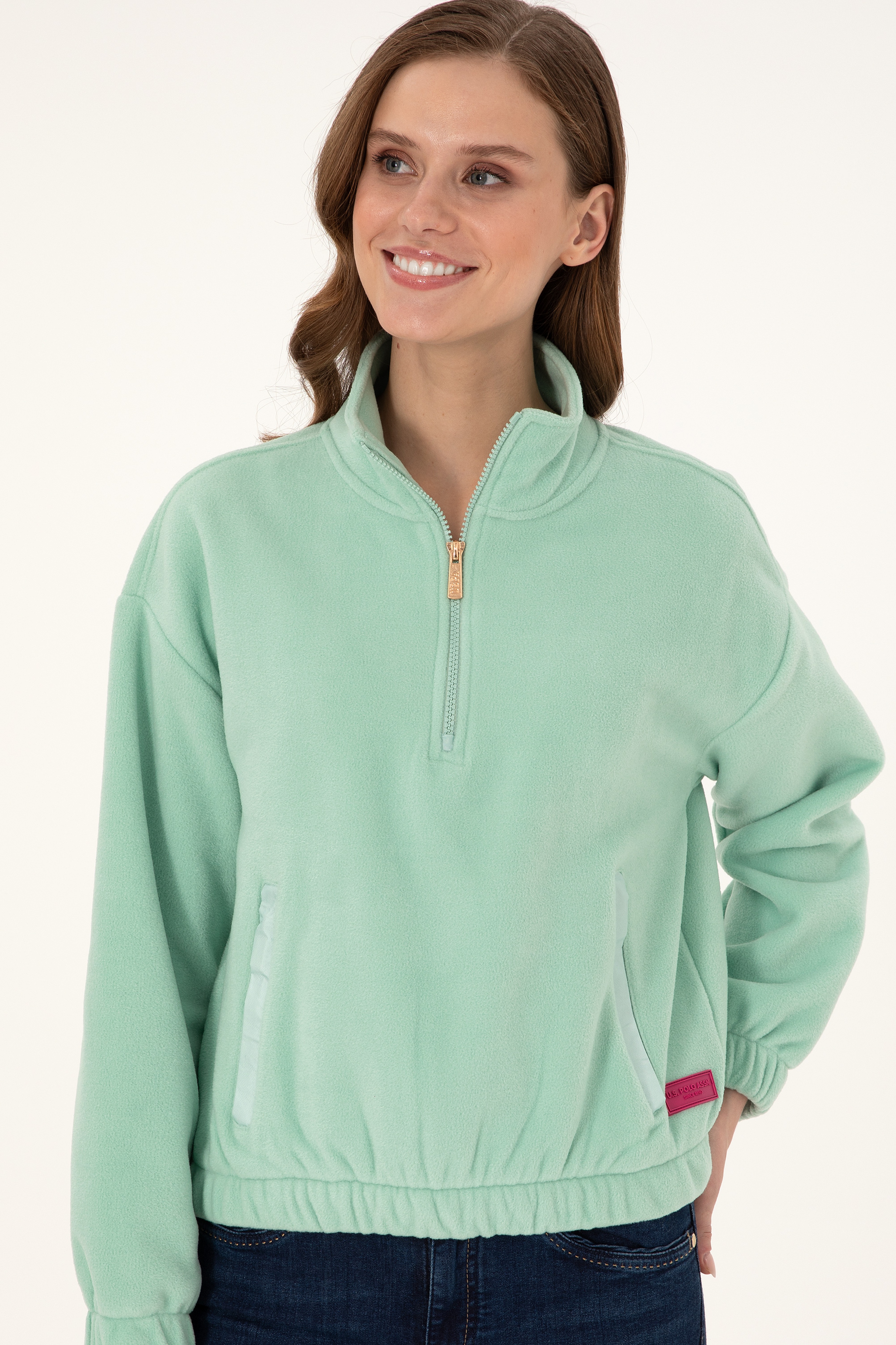 Kadın Su Yeşili Dik Yaka Fermuarlı Polar Sweatshirt
