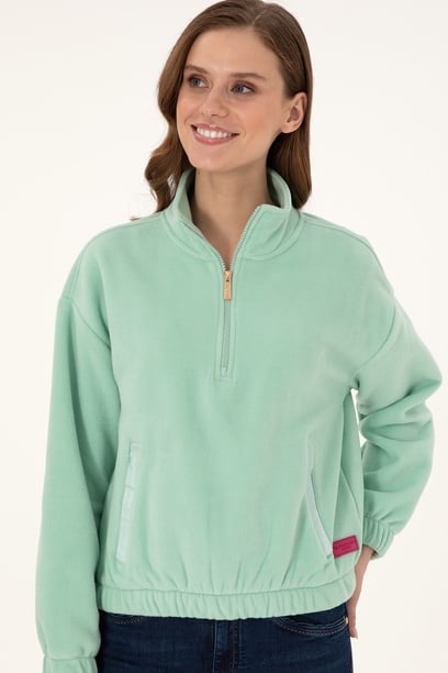 Kadın Su Yeşili Dik Yaka Fermuarlı Polar Sweatshirt