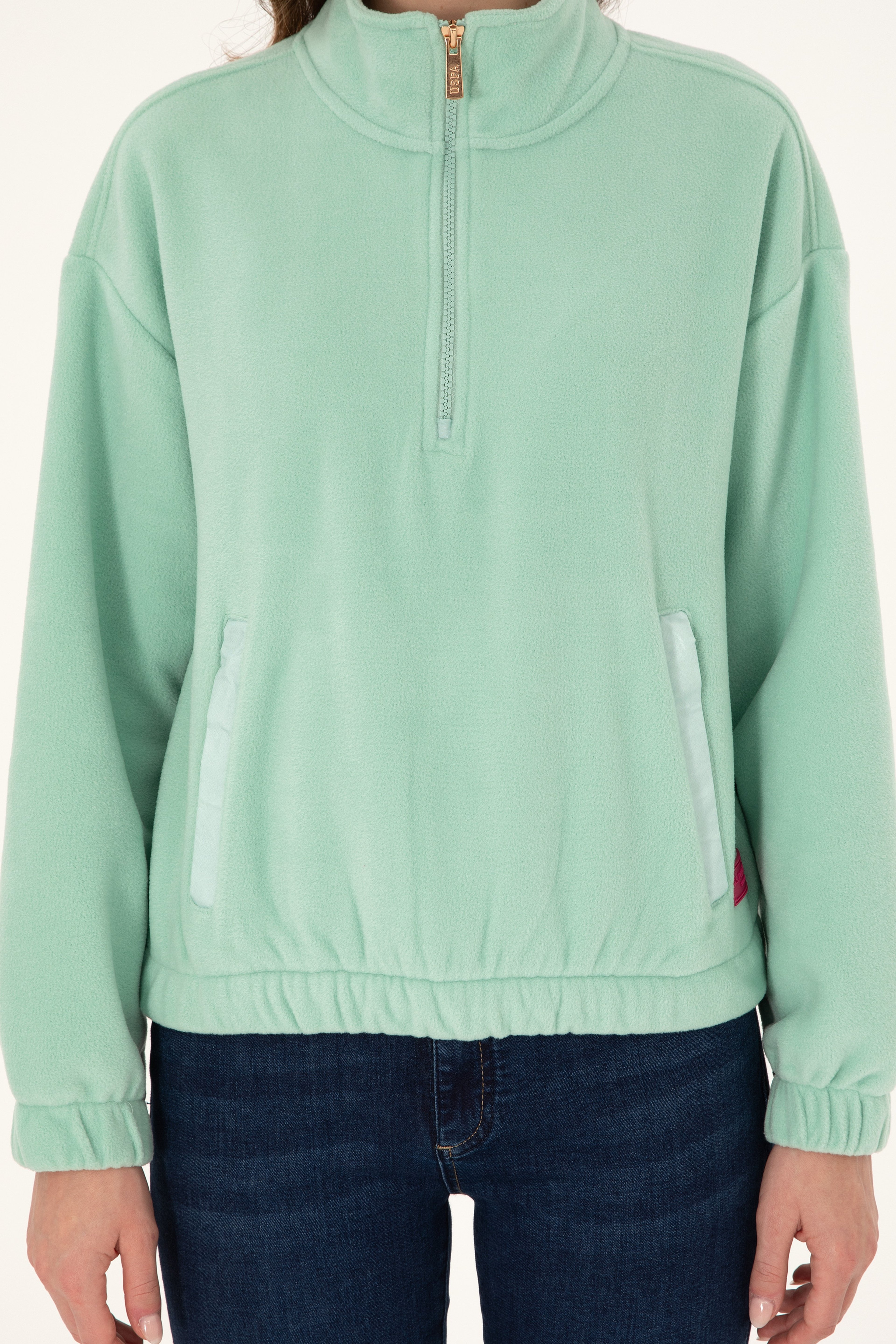 Kadın Su Yeşili Dik Yaka Fermuarlı Polar Sweatshirt - Image 6