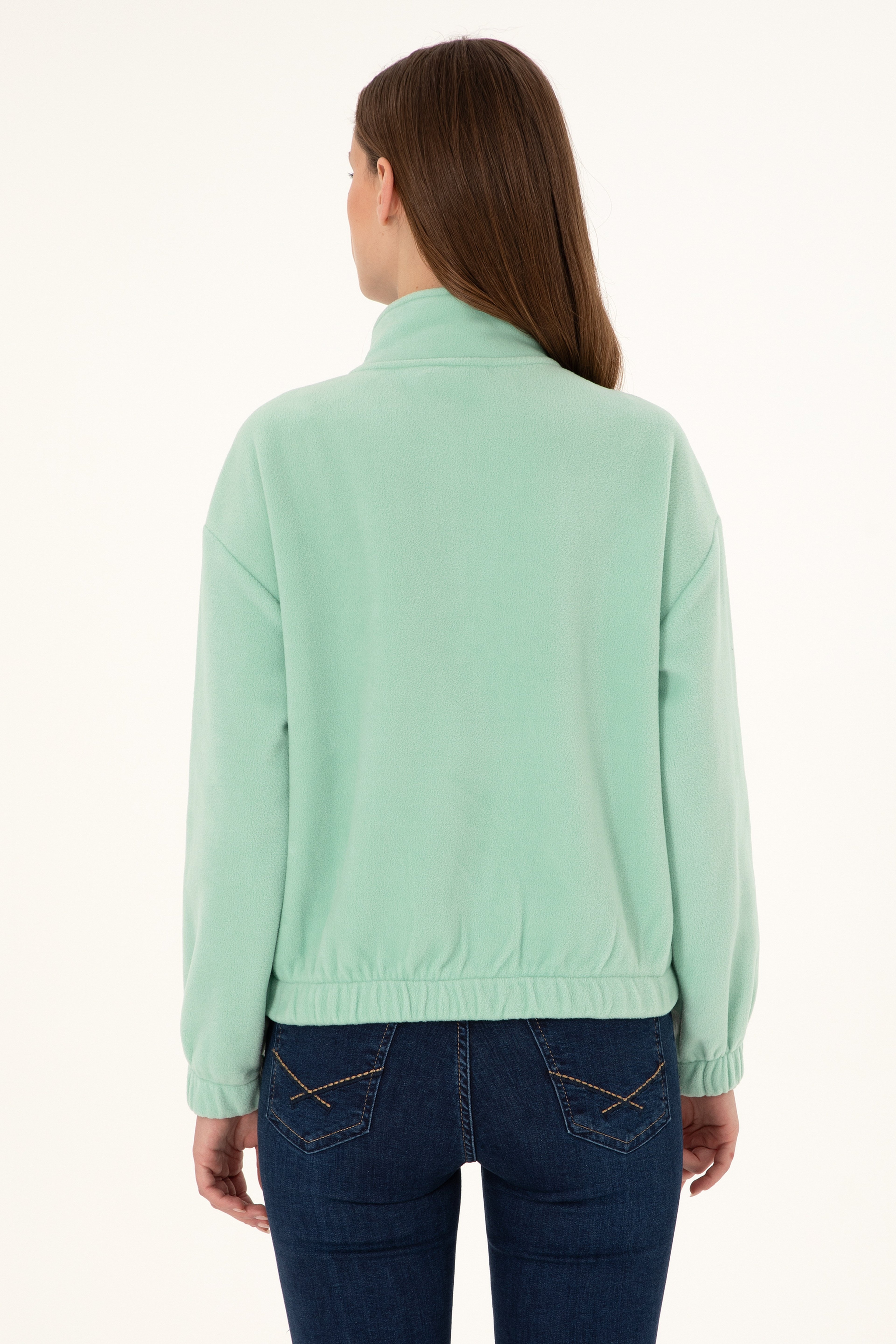 Kadın Su Yeşili Dik Yaka Fermuarlı Polar Sweatshirt - Image 5