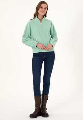Kadın Su Yeşili Dik Yaka Fermuarlı Polar Sweatshirt - 50297401005