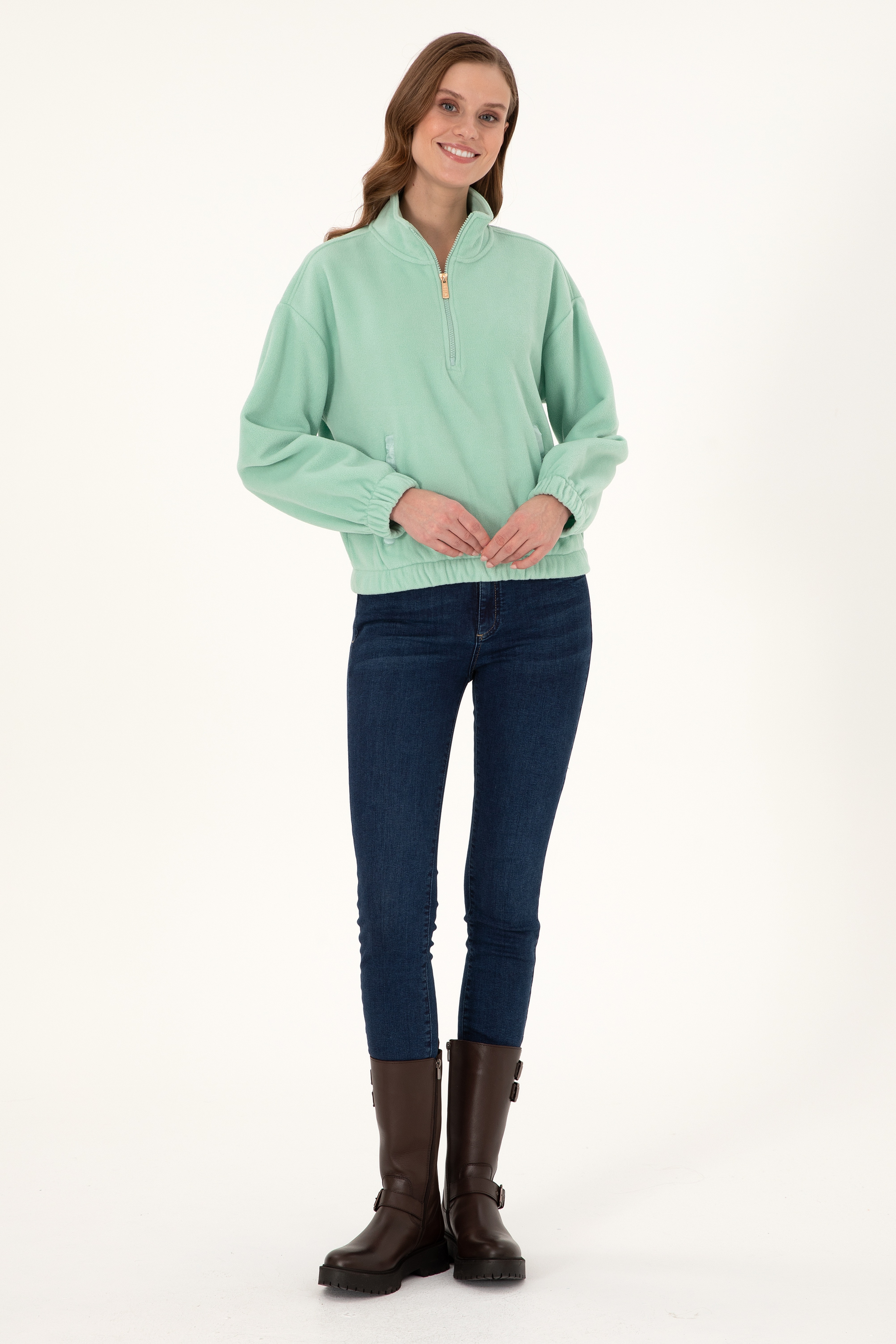 Kadın Su Yeşili Dik Yaka Fermuarlı Polar Sweatshirt - Image 4
