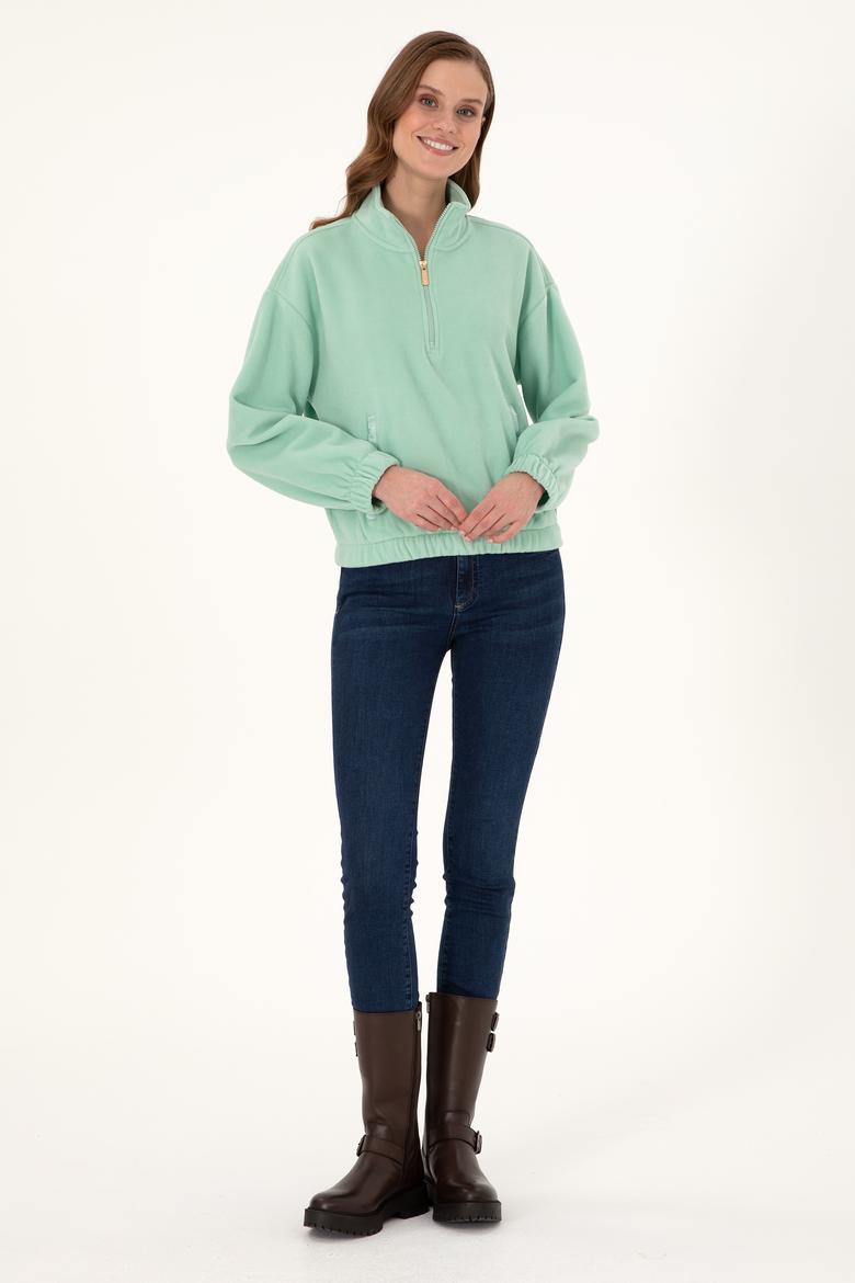 Kadın Su Yeşili Dik Yaka Fermuarlı Polar Sweatshirt - 50297401005