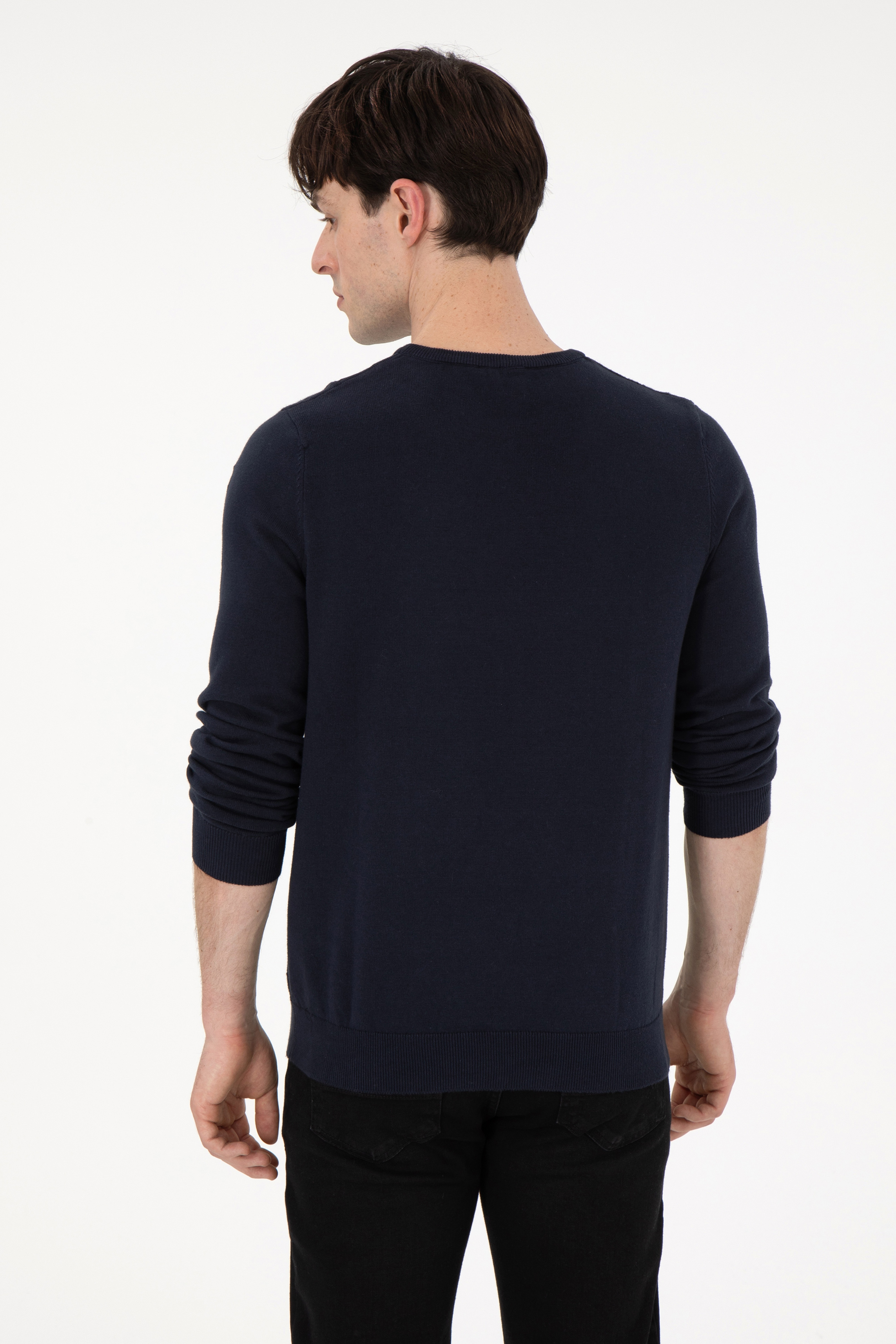 Erkek Slim Fit Bisiklet Yaka Lacivert Basic Kazak