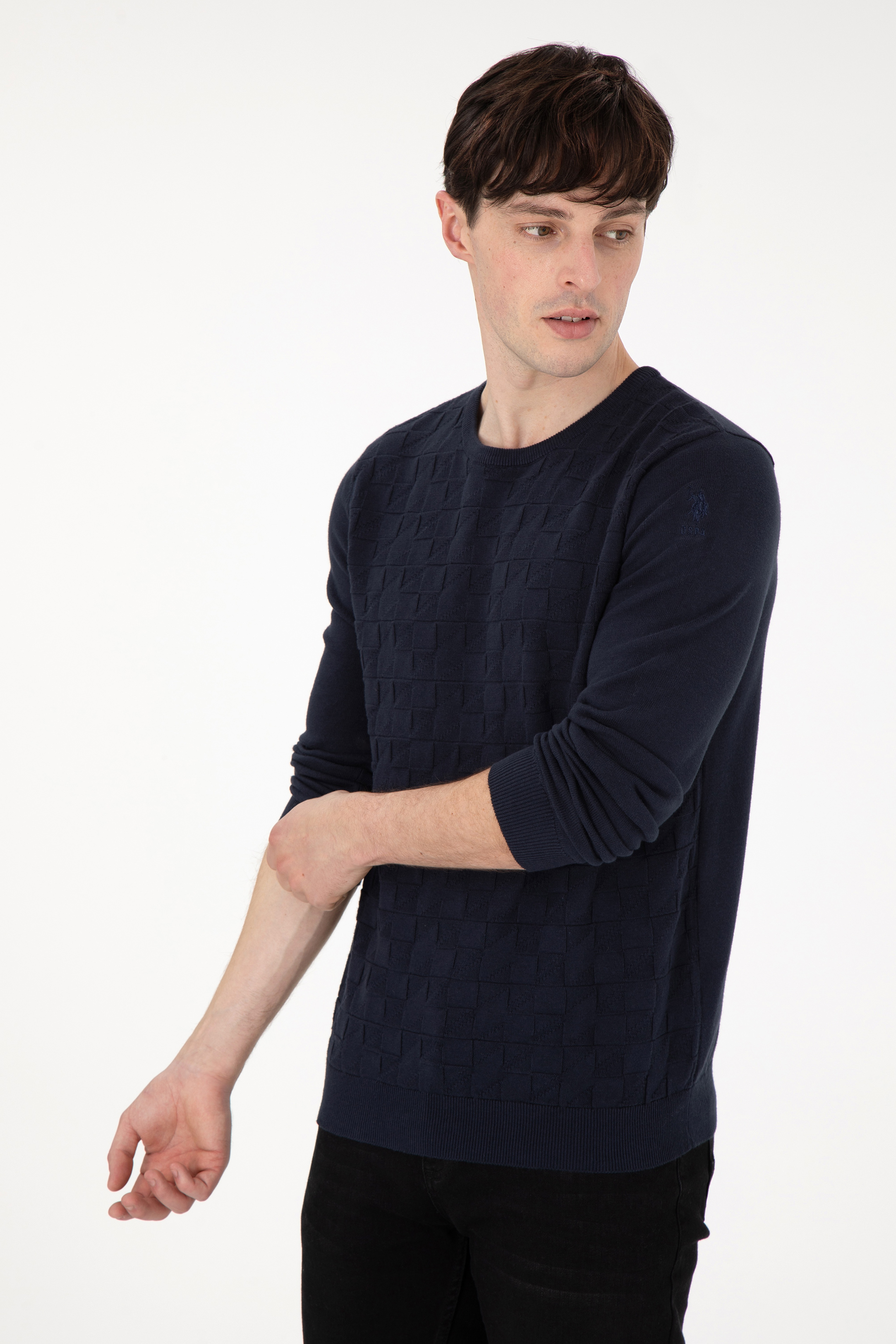 Erkek Slim Fit Bisiklet Yaka Lacivert Basic Kazak - Image 3