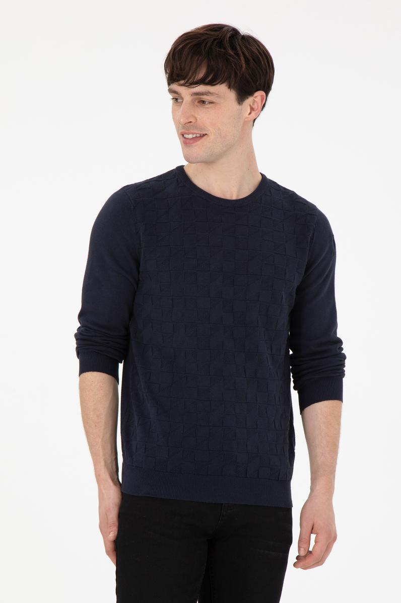 Erkek Slim Fit Bisiklet Yaka Lacivert Basic Kazak