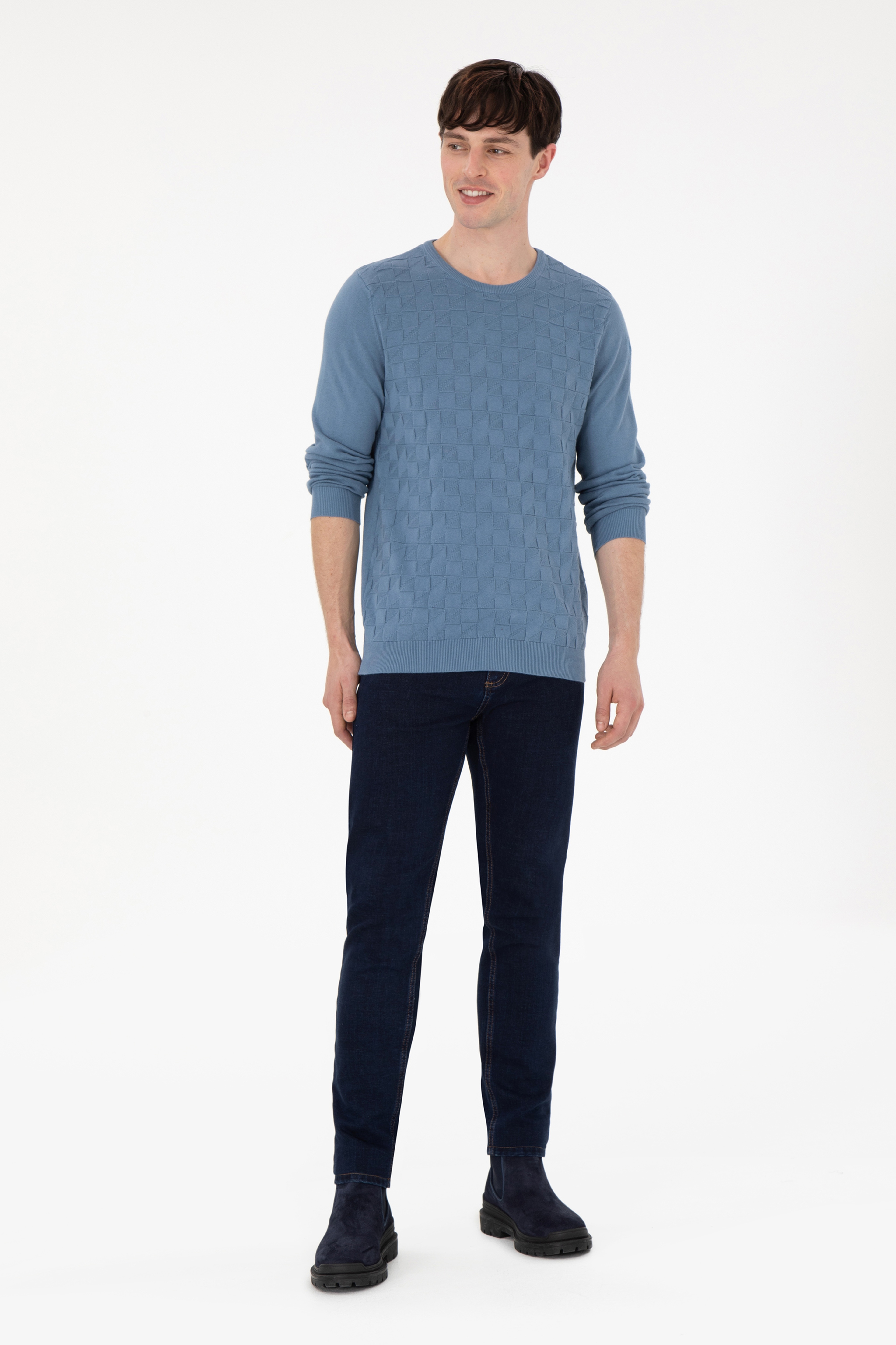 Erkek Slim Fit Bisiklet Yaka Saks Basic Kazak - Image 4