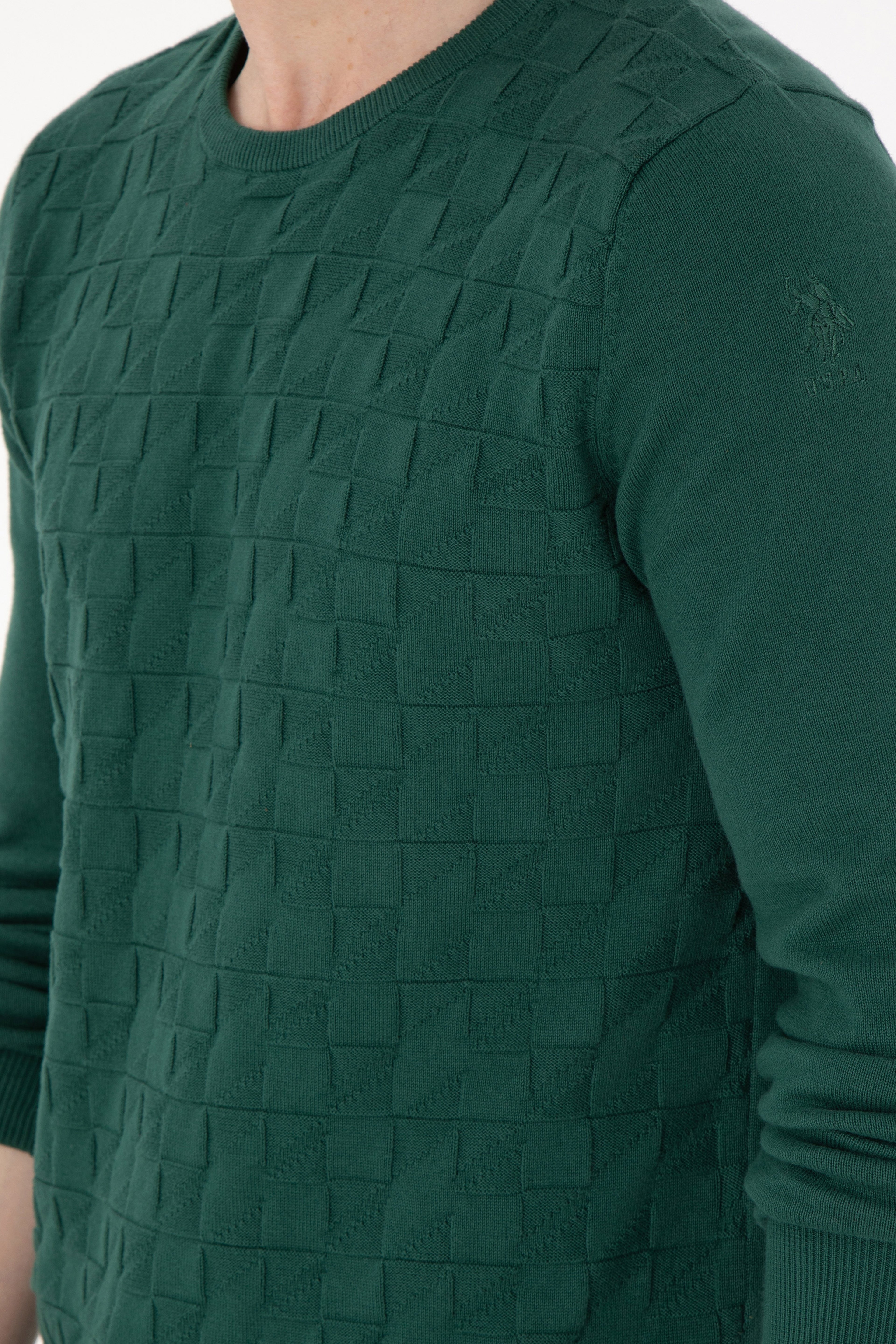 Erkek Slim Fit Bisiklet Yaka Koyu Yeşil Basic Kazak - Image 7