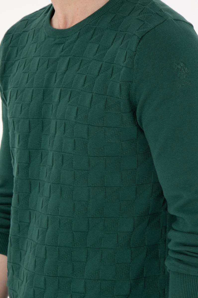 Erkek Slim Fit Bisiklet Yaka Koyu Yeşil Basic Kazak