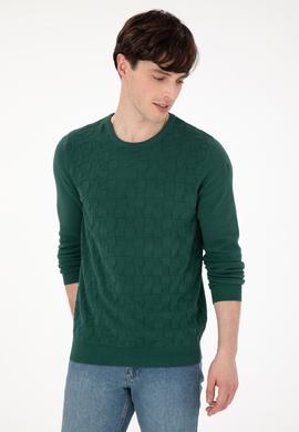 Erkek Slim Fit Bisiklet Yaka Koyu Yeşil Basic Kazak - 50288882006