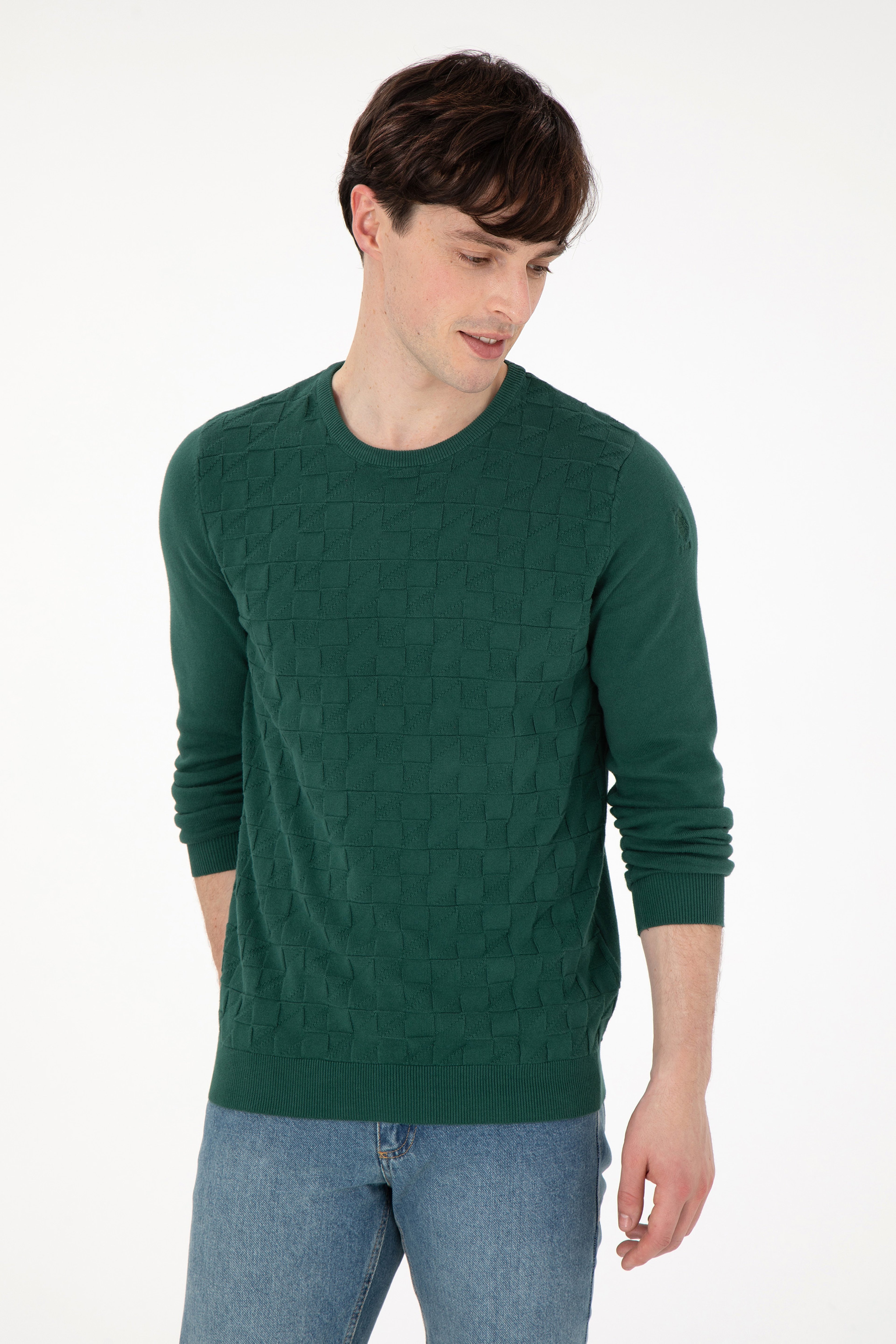 Erkek Slim Fit Bisiklet Yaka Koyu Yeşil Basic Kazak - Image 3