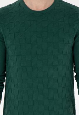 Erkek Slim Fit Bisiklet Yaka Koyu Yeşil Basic Kazak - 50288882006