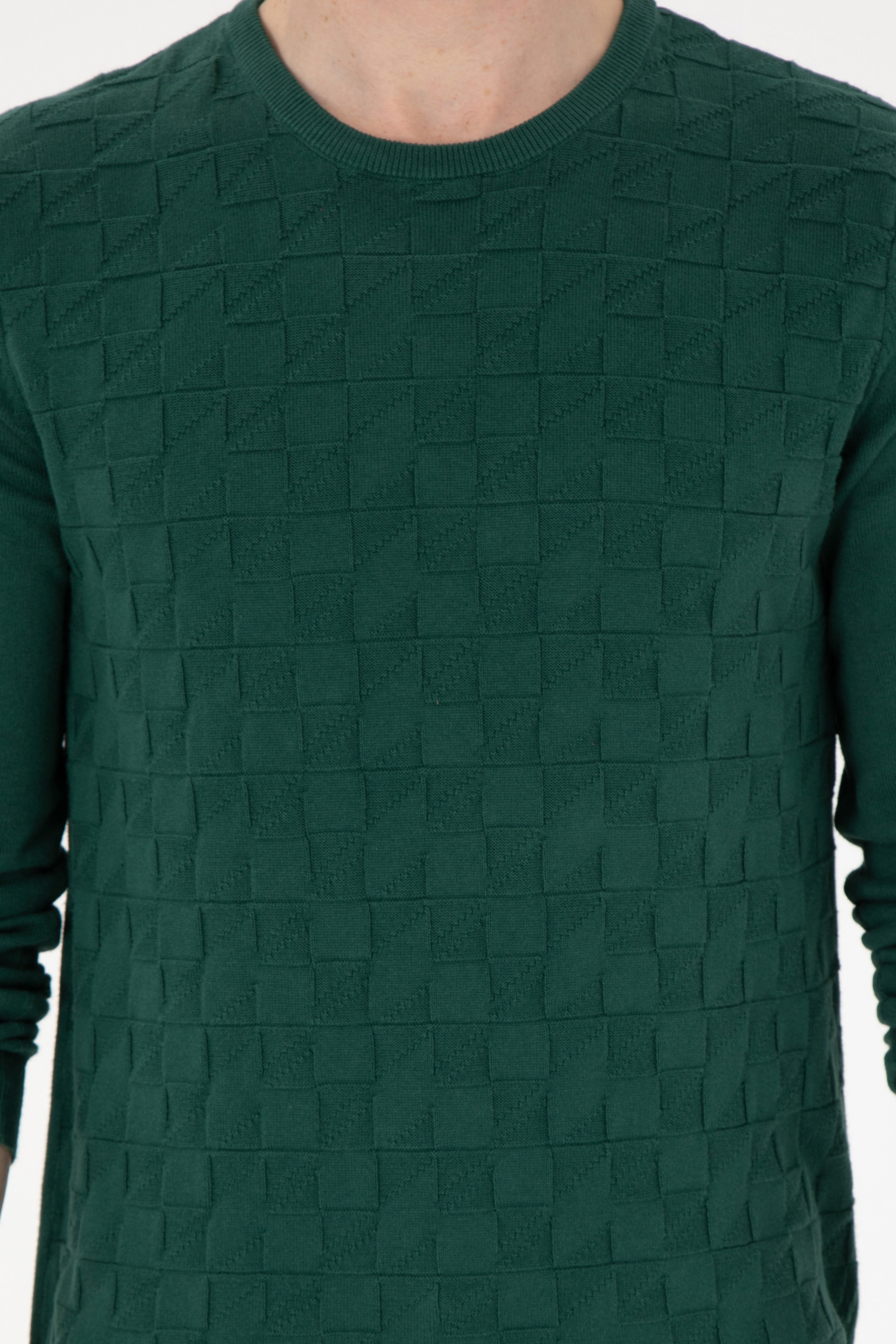 Erkek Slim Fit Bisiklet Yaka Koyu Yeşil Basic Kazak - Image 6