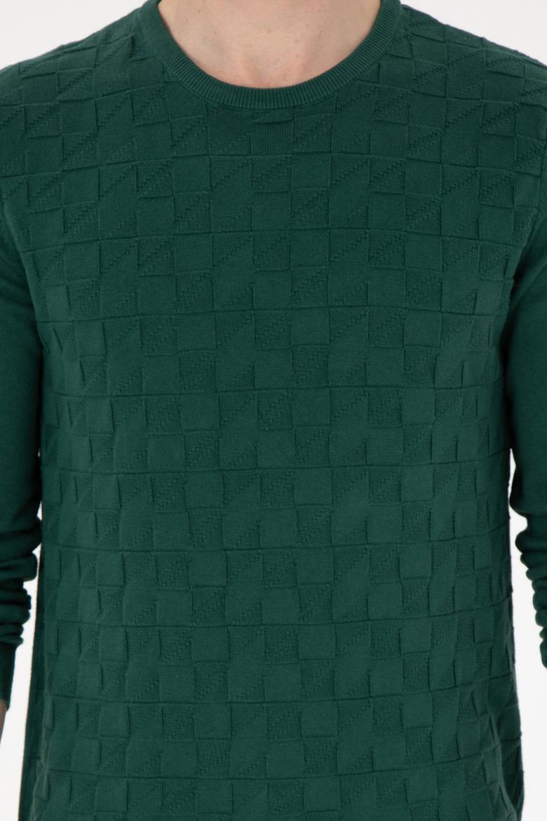 Erkek Slim Fit Bisiklet Yaka Koyu Yeşil Basic Kazak - 50288882006