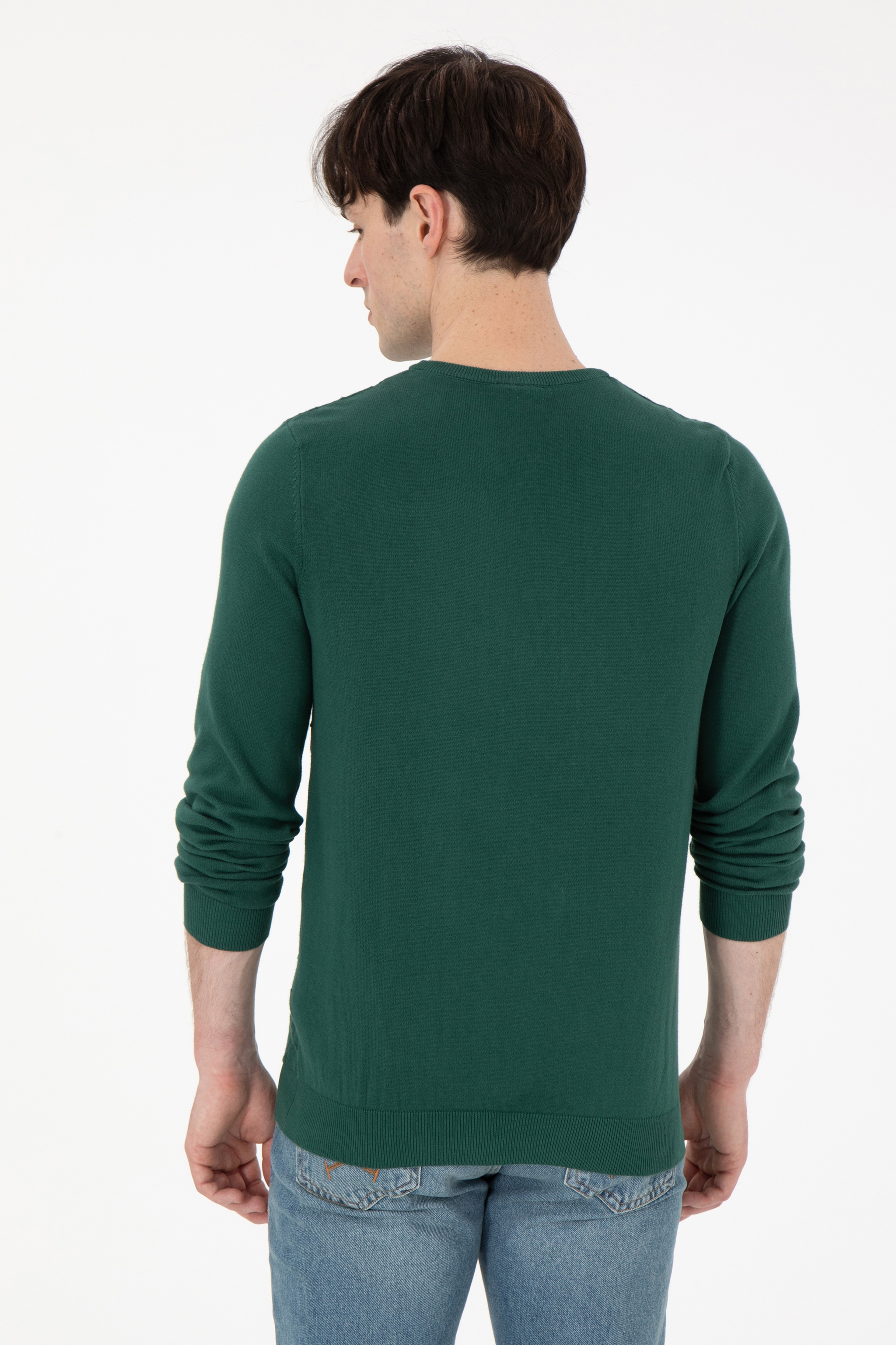 Erkek Slim Fit Bisiklet Yaka Koyu Yeşil Basic Kazak