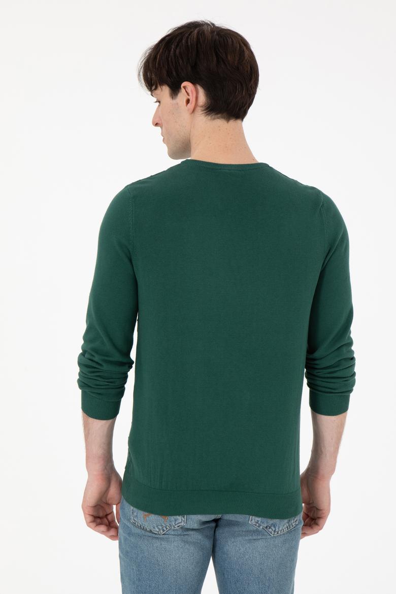 Erkek Slim Fit Bisiklet Yaka Koyu Yeşil Basic Kazak - 50288882006