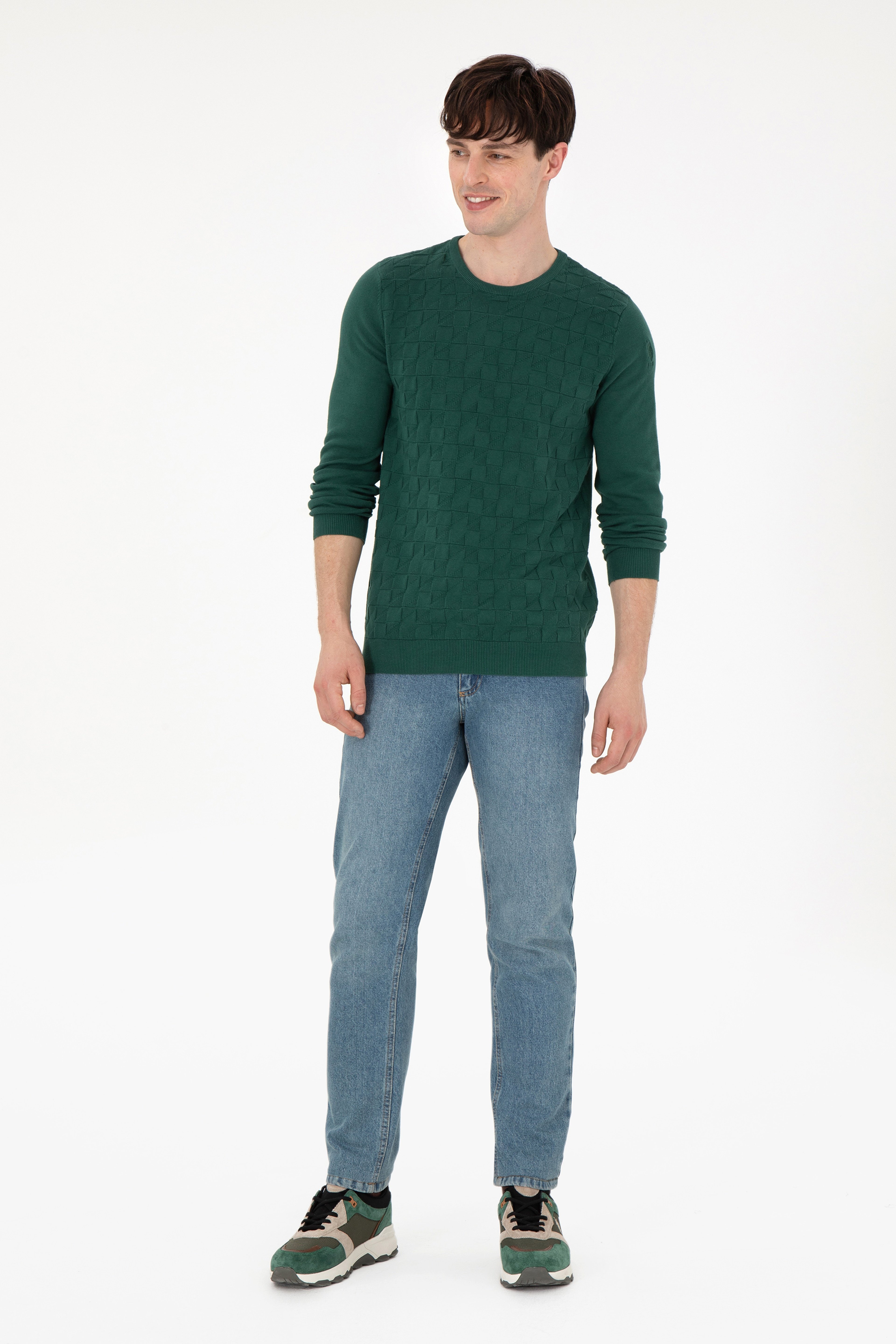 Erkek Slim Fit Bisiklet Yaka Koyu Yeşil Basic Kazak