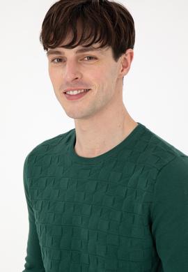 Erkek Slim Fit Bisiklet Yaka Koyu Yeşil Basic Kazak - 50288882006