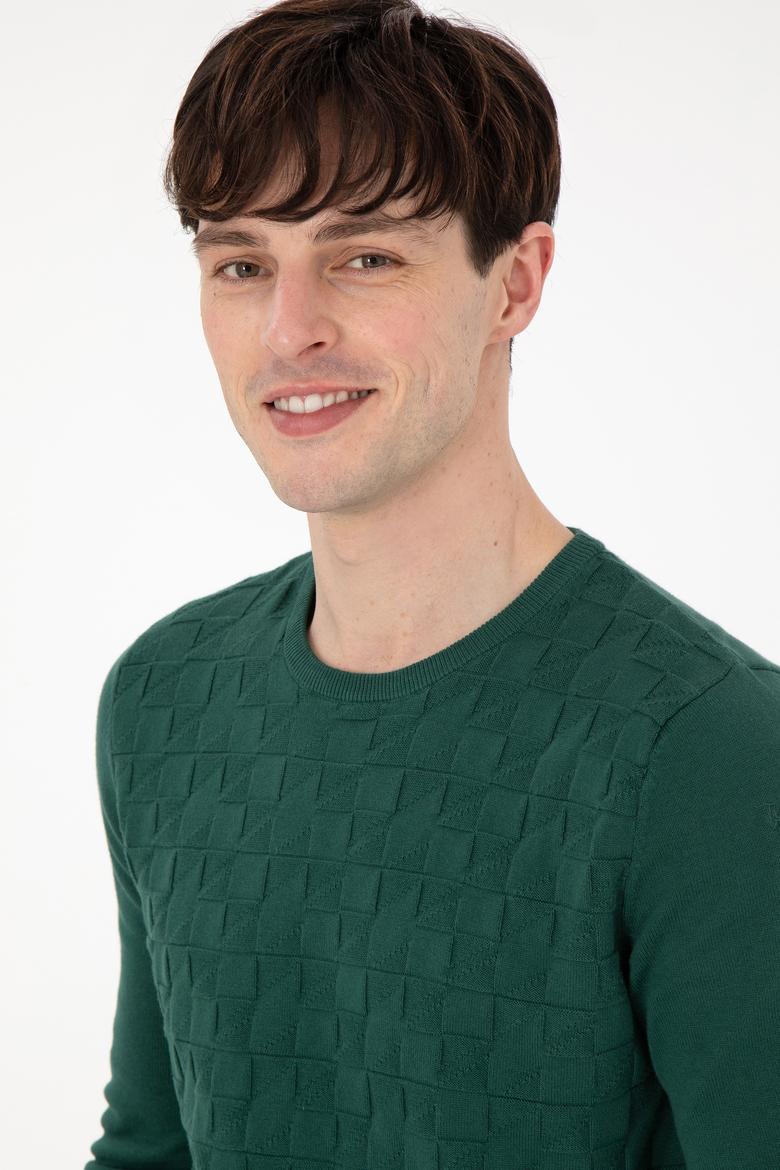 Erkek Slim Fit Bisiklet Yaka Koyu Yeşil Basic Kazak - 50288882006