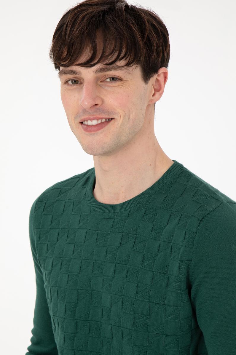 Erkek Slim Fit Bisiklet Yaka Koyu Yeşil Basic Kazak