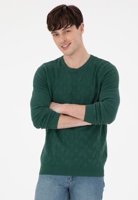 Erkek Slim Fit Bisiklet Yaka Koyu Yeşil Basic Kazak - 50288882006