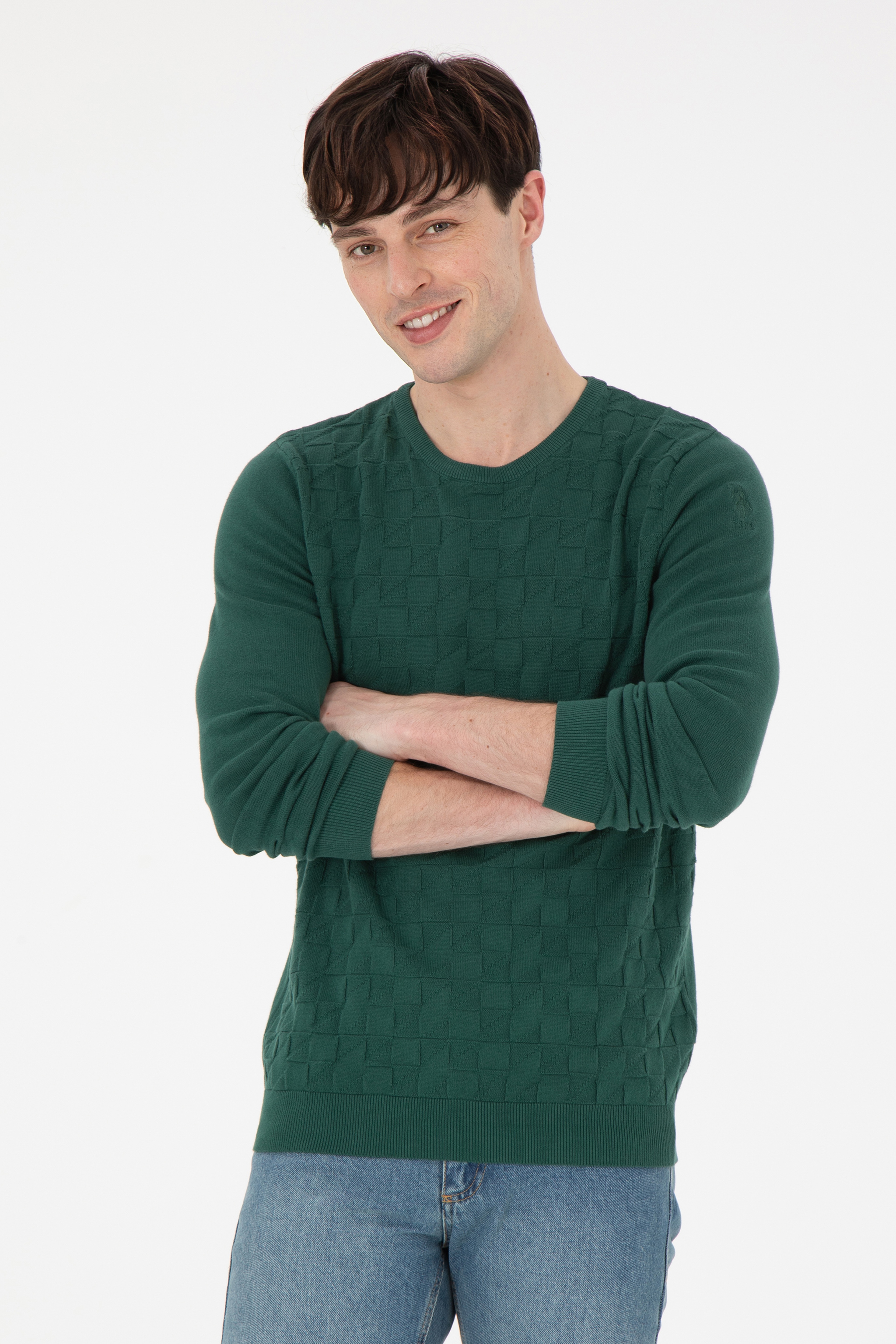 Erkek Slim Fit Bisiklet Yaka Koyu Yeşil Basic Kazak - Image 1