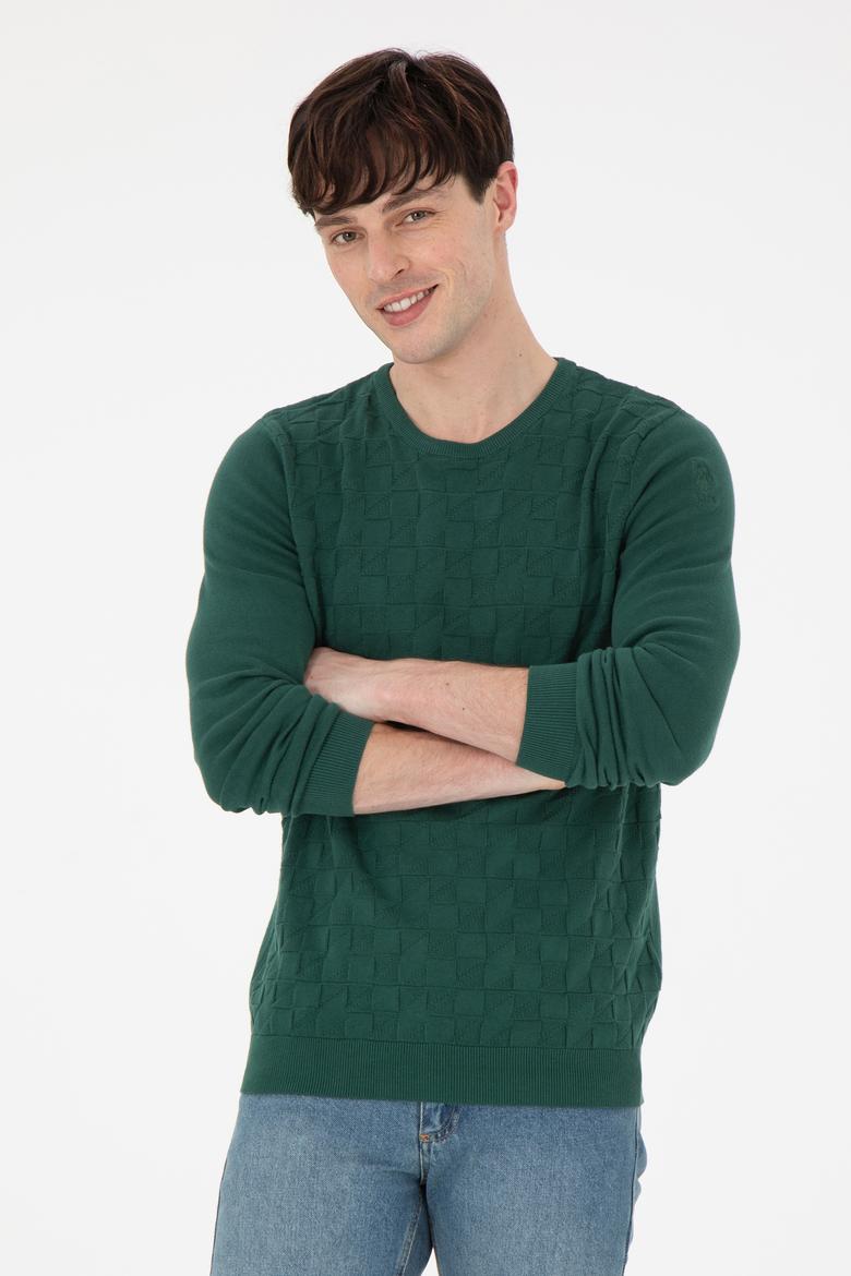 Erkek Slim Fit Bisiklet Yaka Koyu Yeşil Basic Kazak