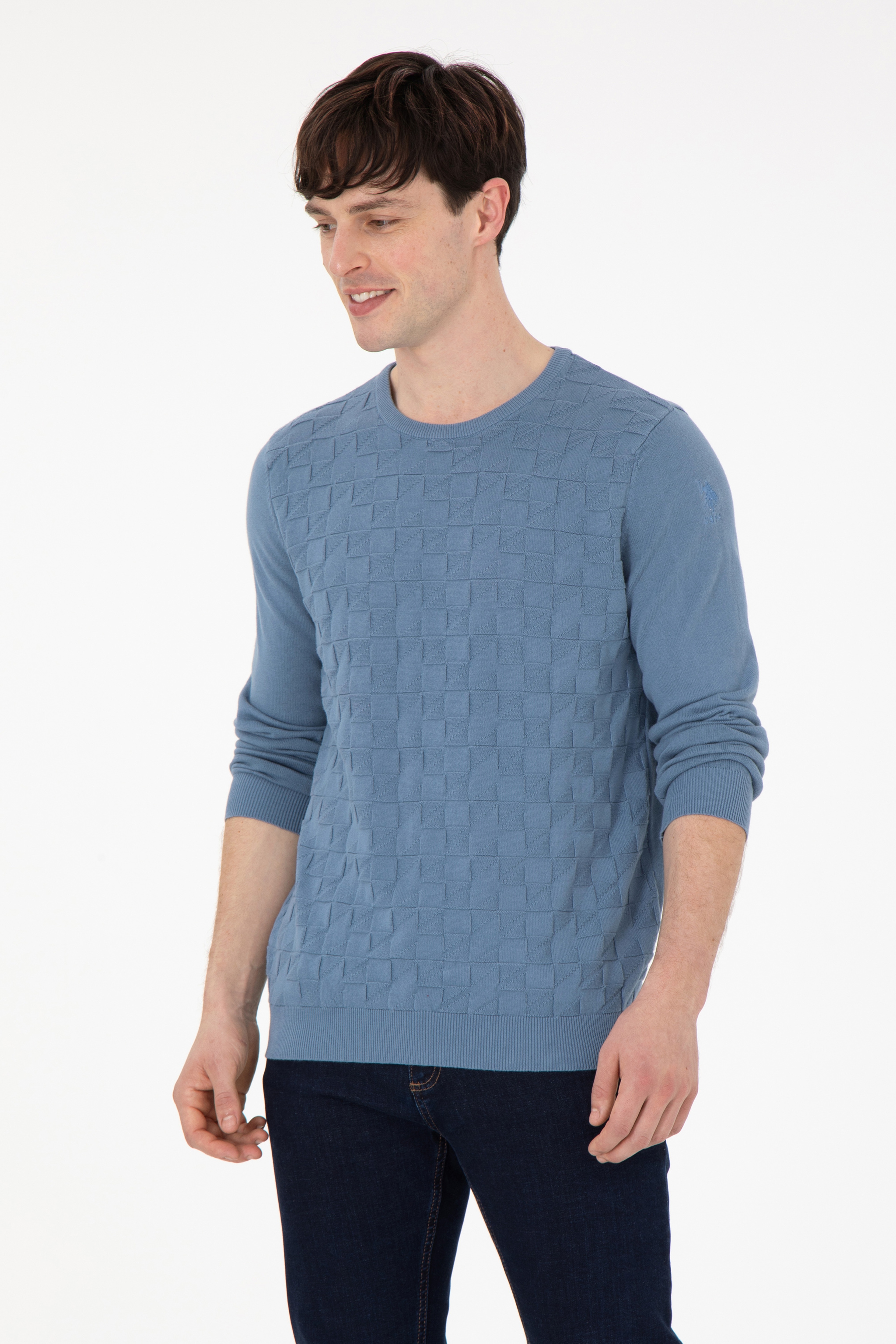 Erkek Slim Fit Bisiklet Yaka Saks Basic Kazak - Image 1