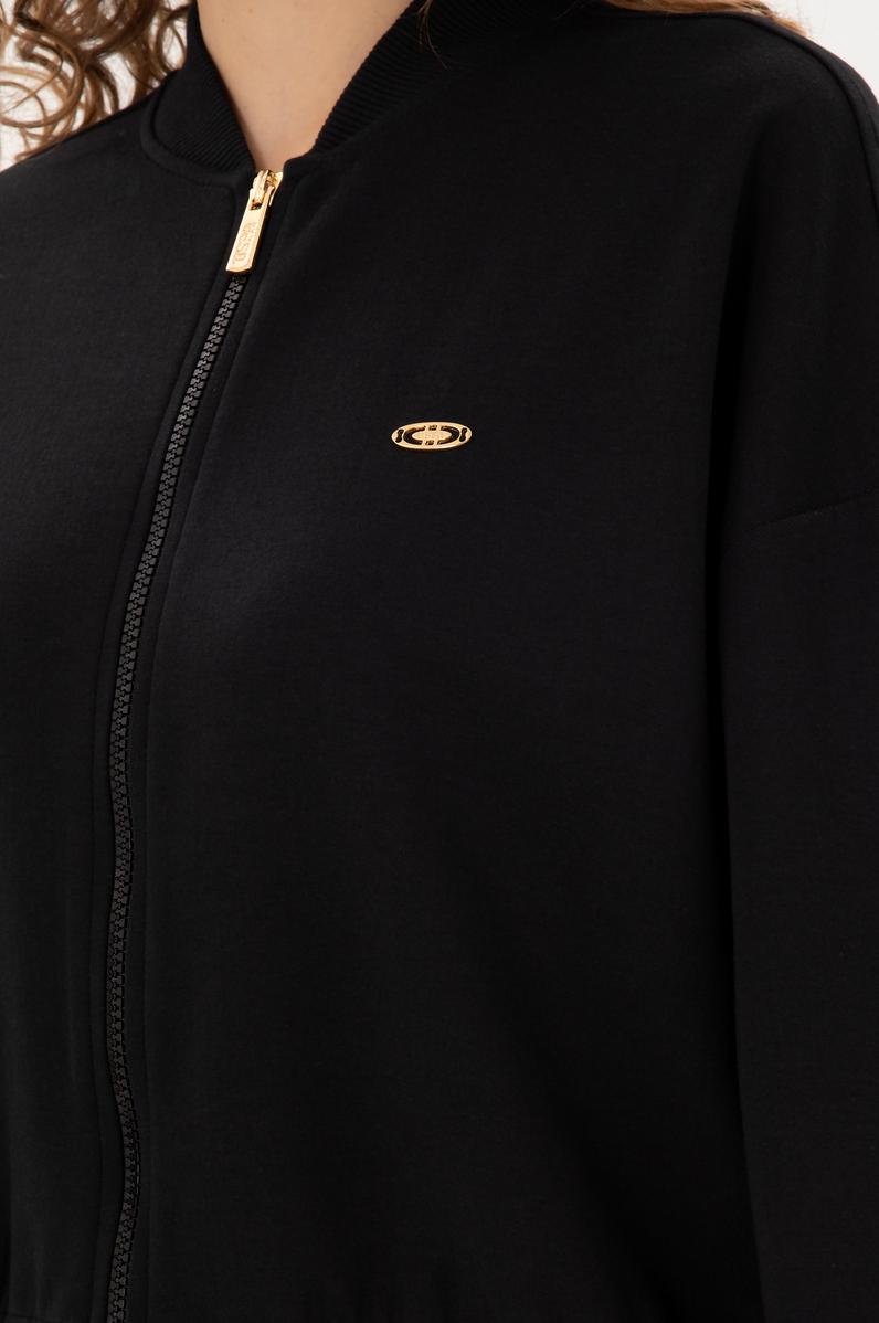 Kadın Siyah Bisiklet Yaka Fermuarlı Sweatshirt