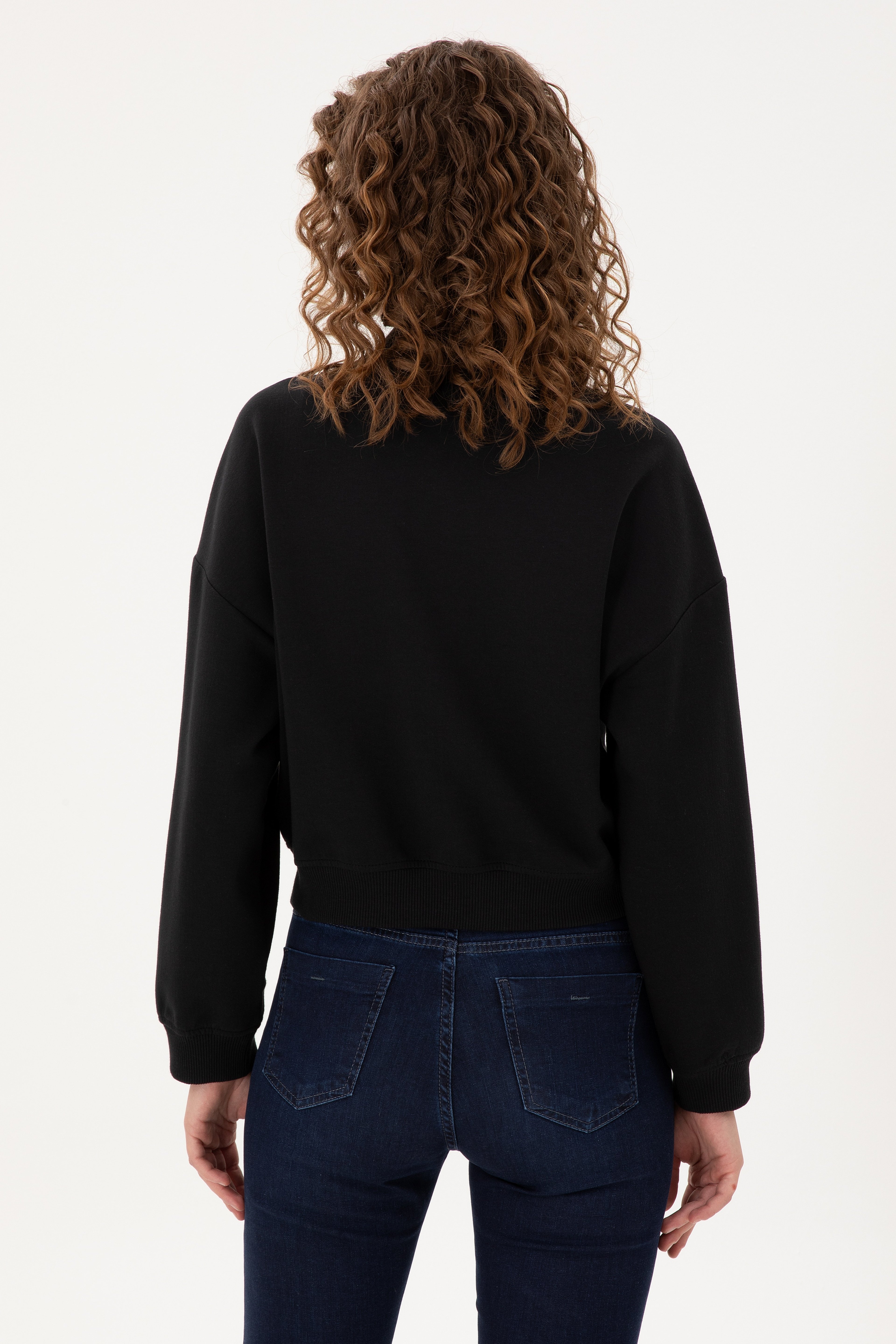 Kadın Siyah Bisiklet Yaka Fermuarlı Sweatshirt - Image 5