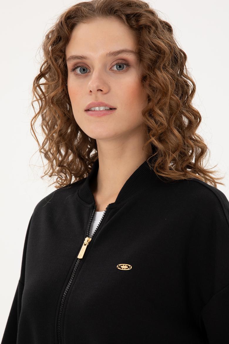Kadın Siyah Bisiklet Yaka Fermuarlı Sweatshirt - 50299000014