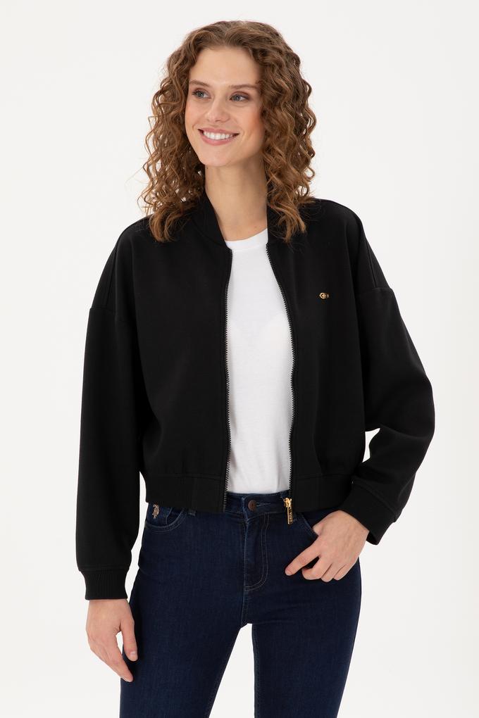 Kadın Siyah Bisiklet Yaka Fermuarlı Sweatshirt