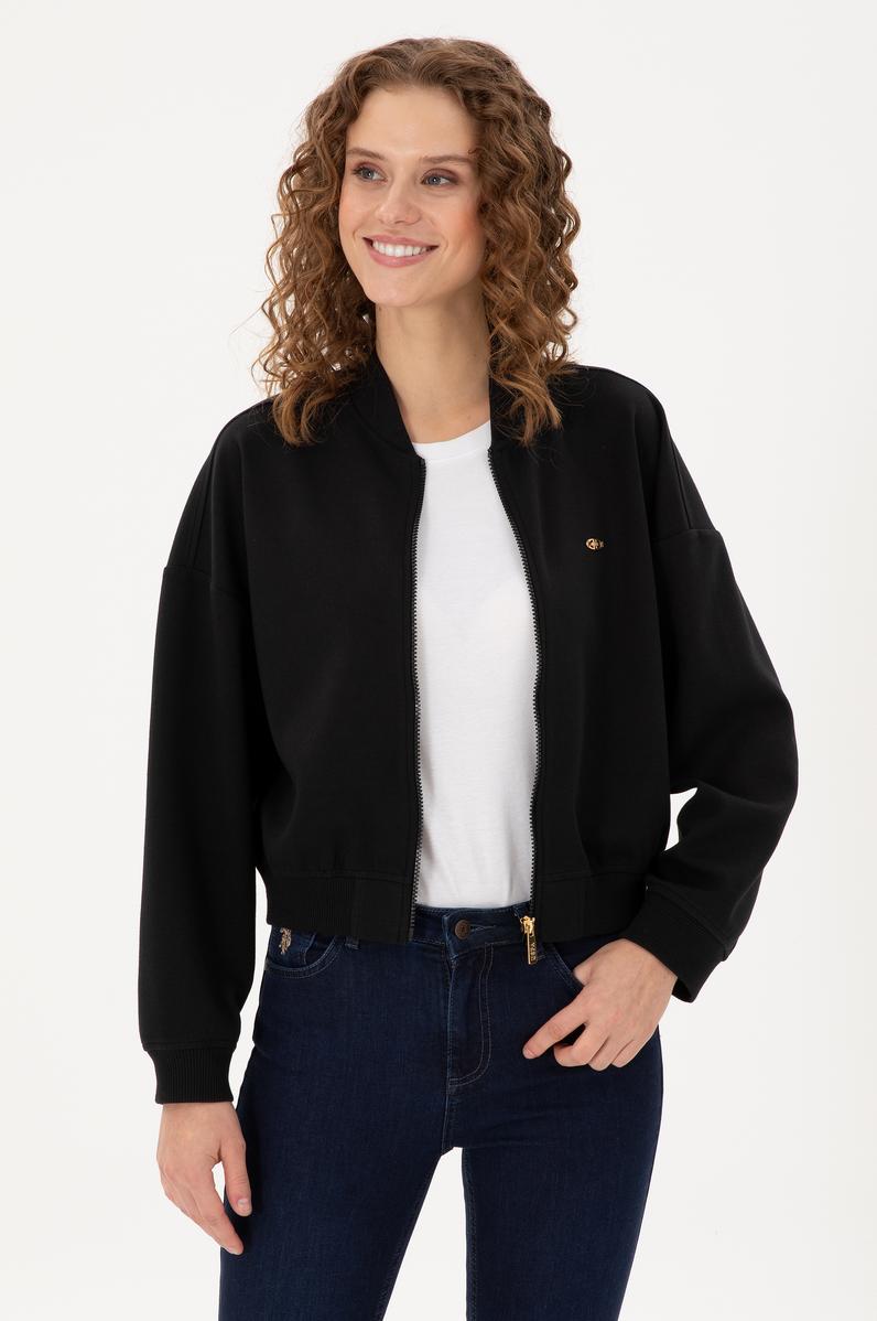 Kadın Siyah Bisiklet Yaka Fermuarlı Sweatshirt