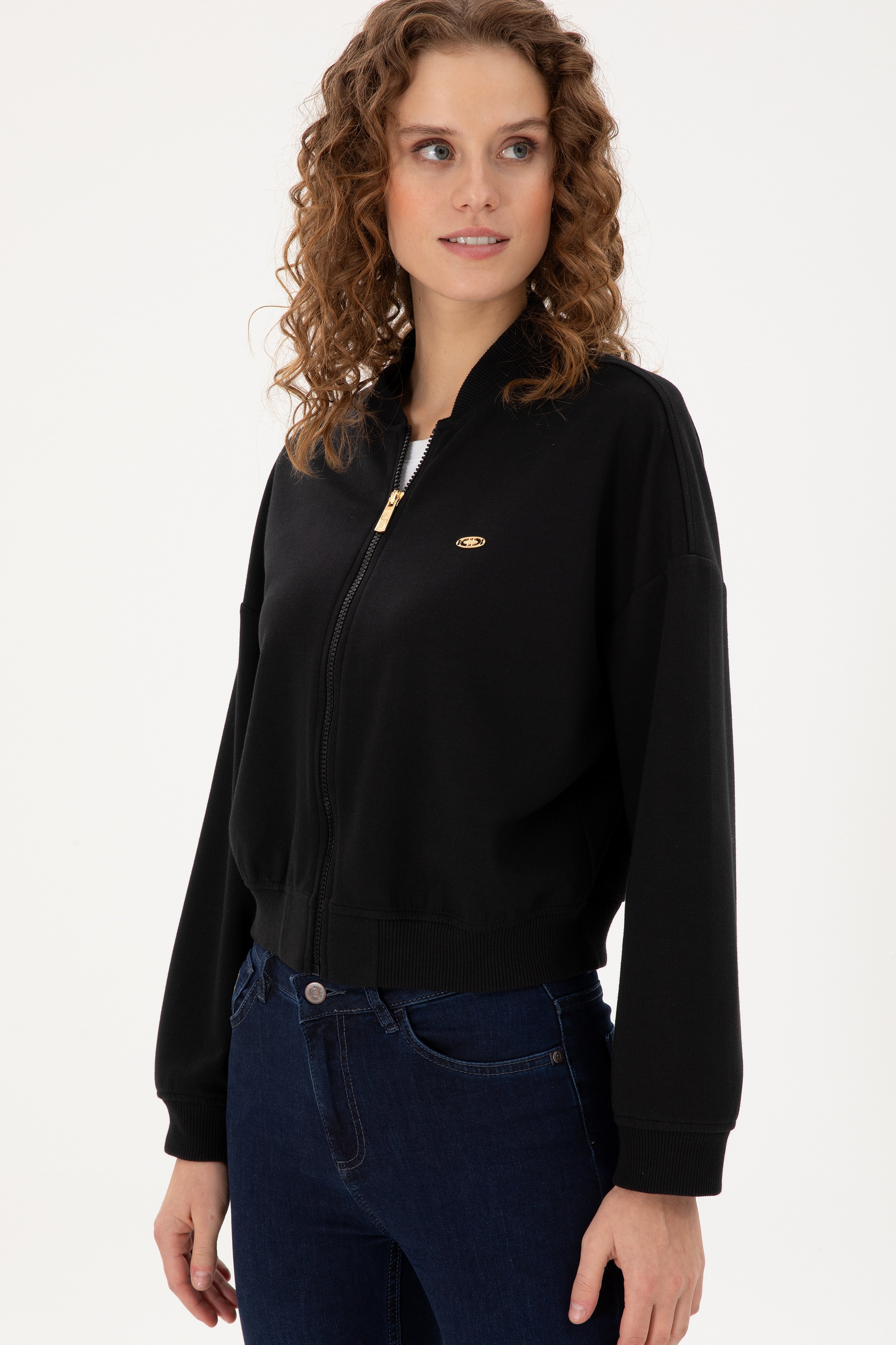 Kadın Siyah Bisiklet Yaka Fermuarlı Sweatshirt