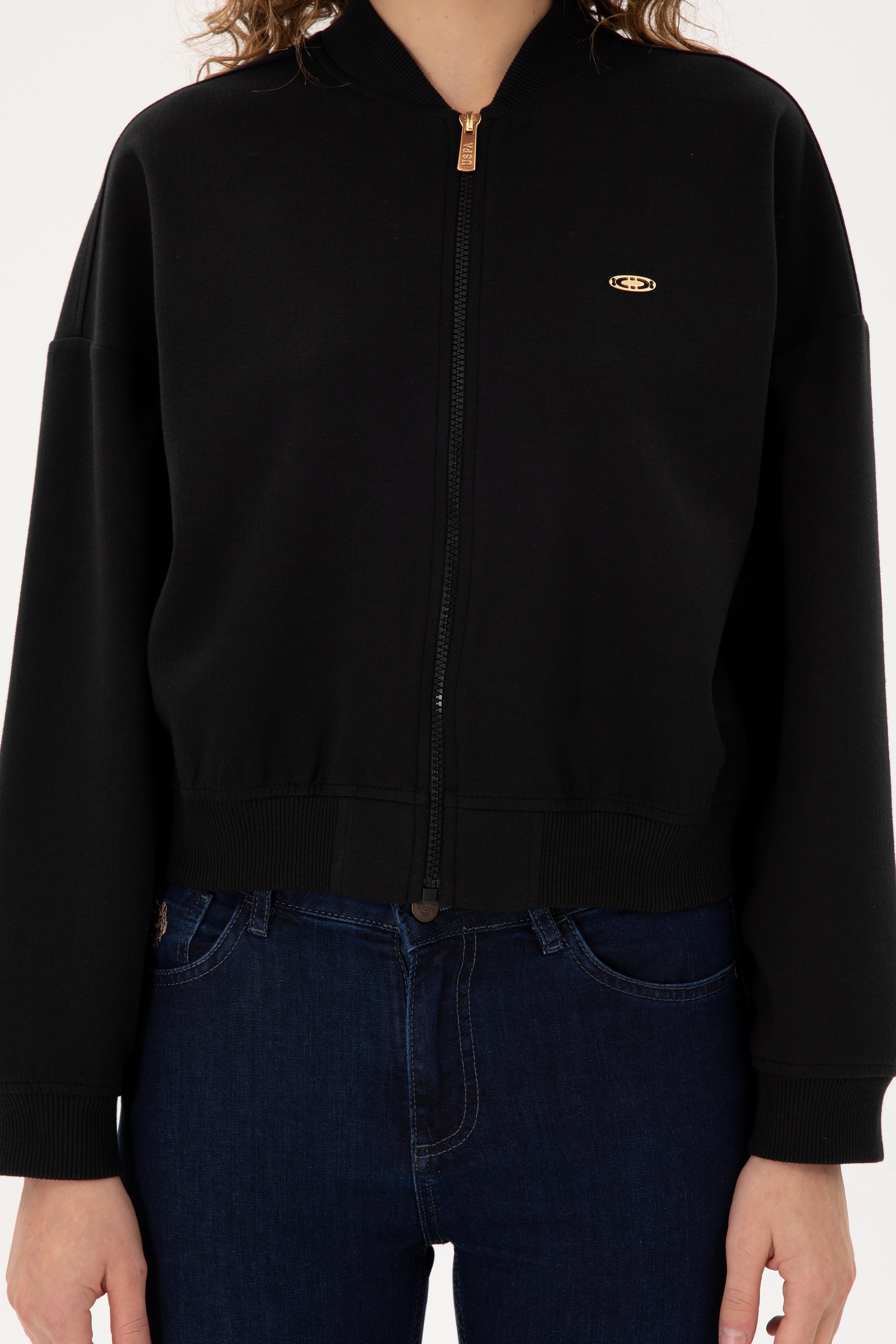Kadın Siyah Bisiklet Yaka Fermuarlı Sweatshirt