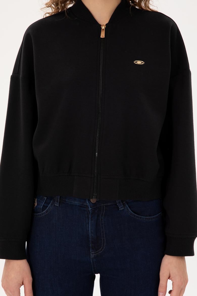 Kadın Siyah Bisiklet Yaka Fermuarlı Sweatshirt - 50299000014