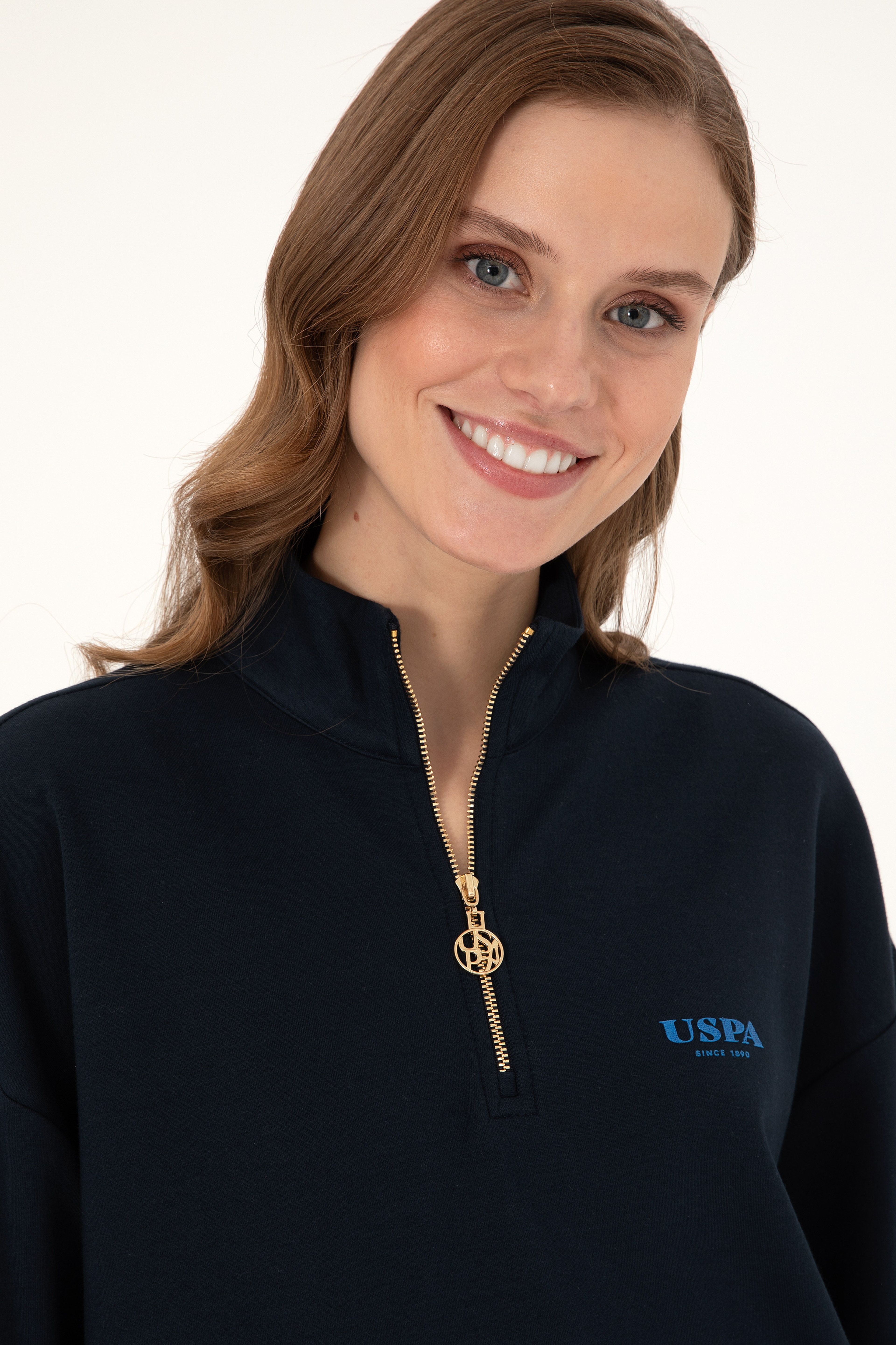 Kadın Lacivert Dik Yaka Fermuarlı Sweatshirt - Image 2