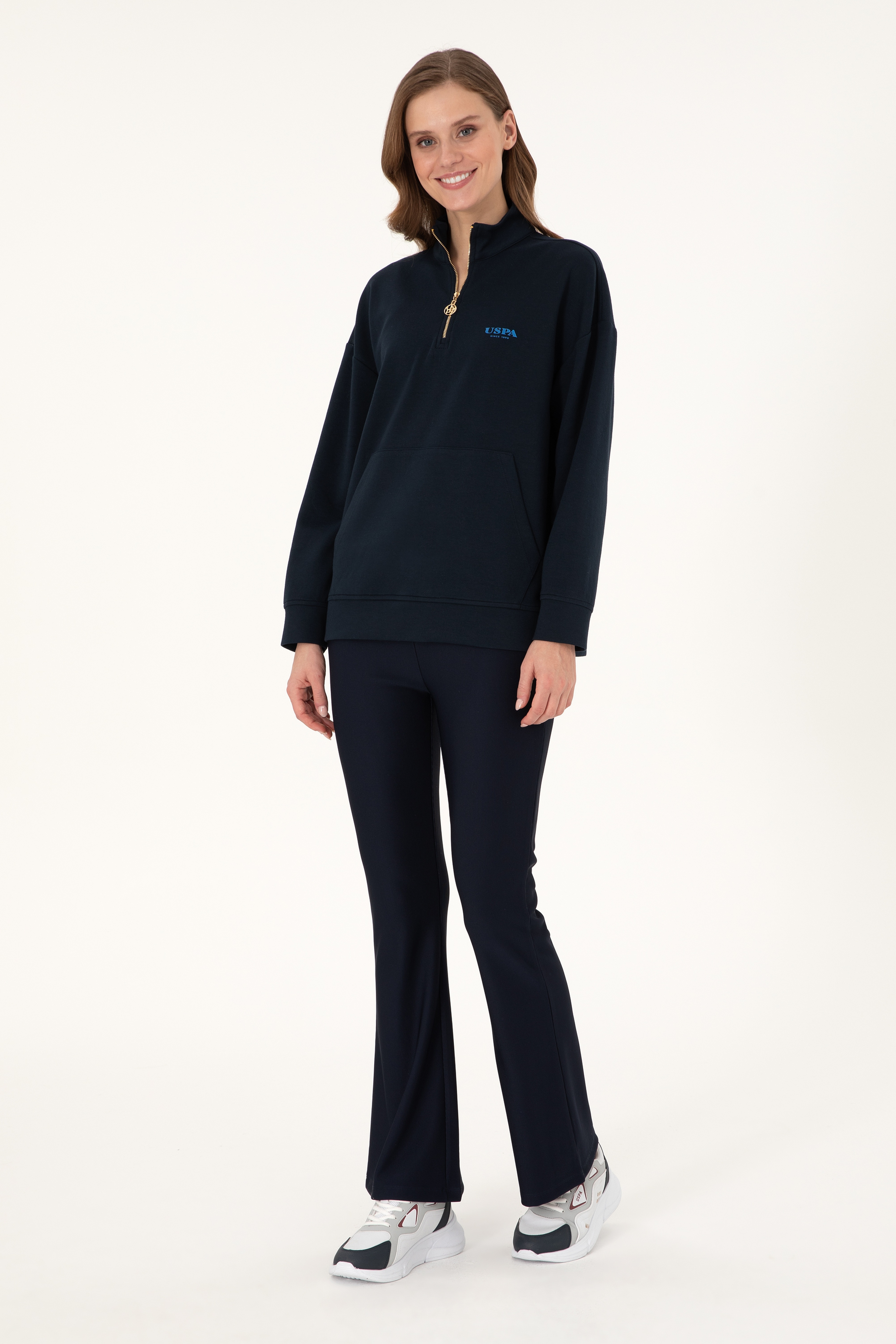 Kadın Lacivert Dik Yaka Fermuarlı Sweatshirt - Image 4