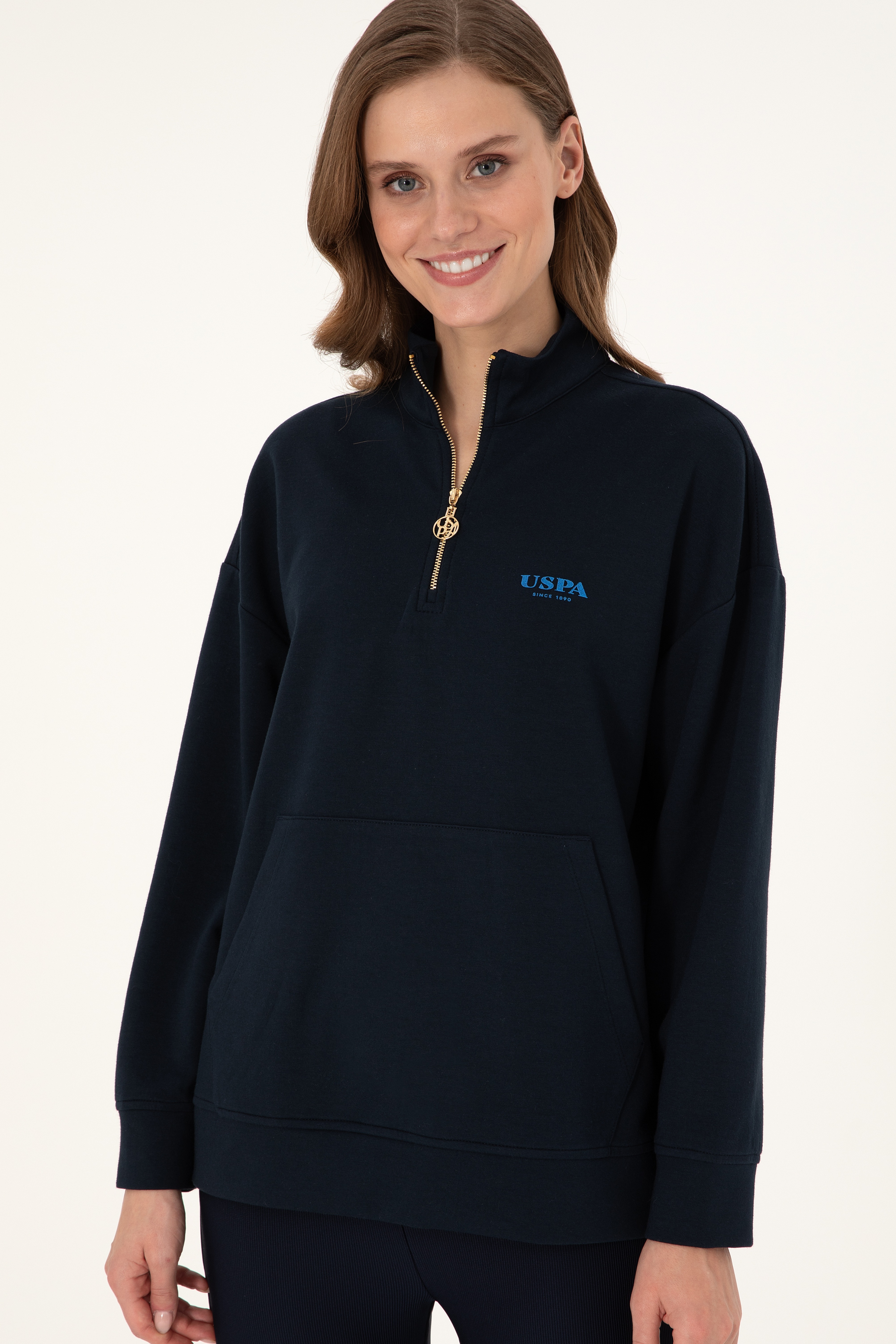 Kadın Lacivert Dik Yaka Fermuarlı Sweatshirt - Image 3